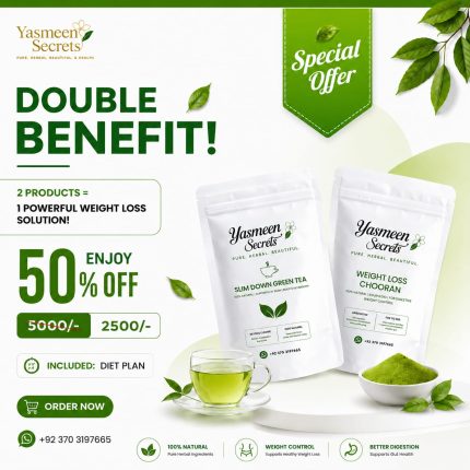 Yasmeen's Secrets Double Benefit Offer: Natural Weight Loss Choran and Slim Down Green Tea bundle with 50% off.
