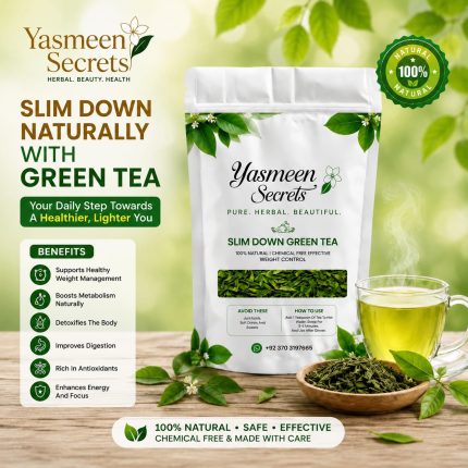 Yasmeen's Secrets Slim Down Naturally Green Tea pouch with a cup of tea.