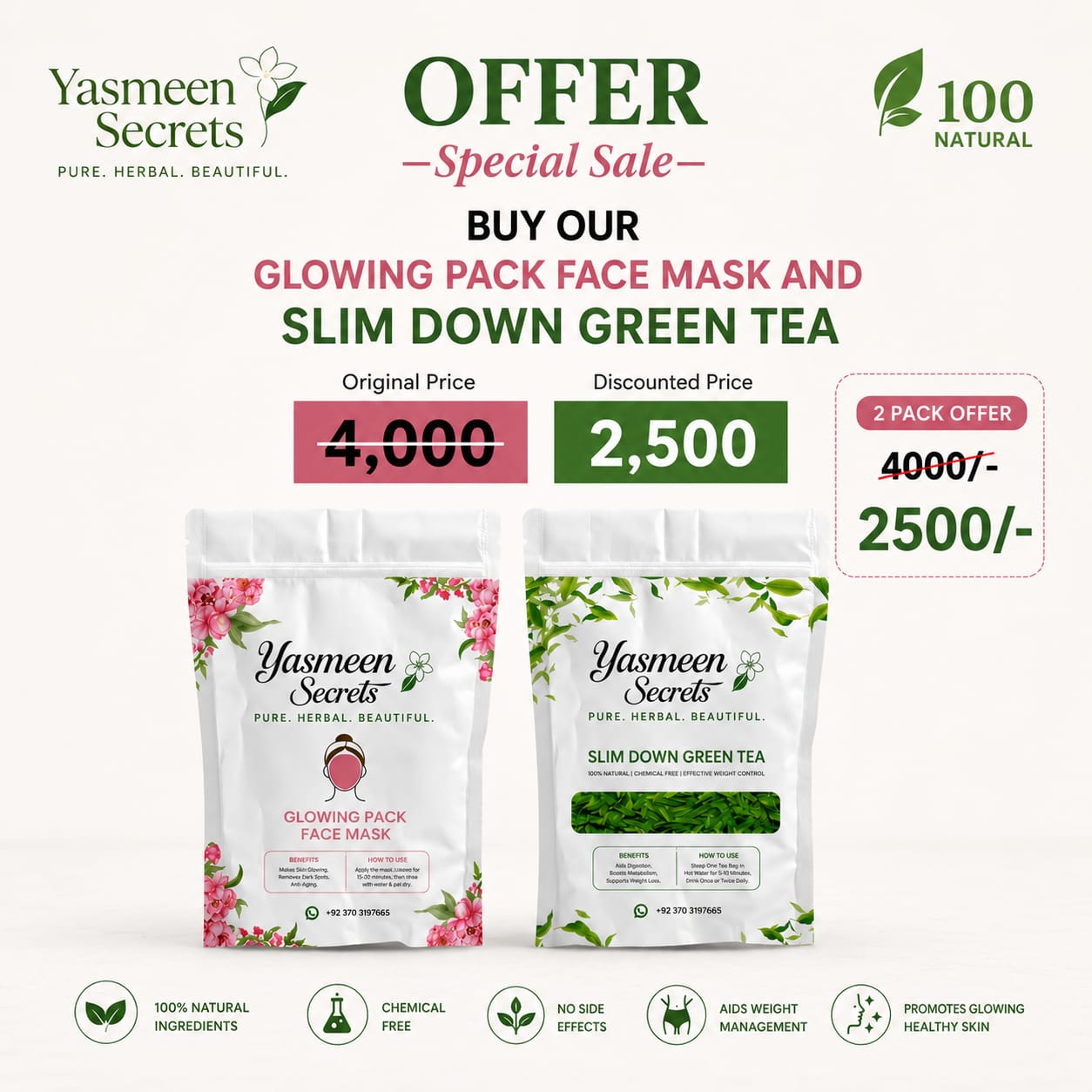 Face Mask and Green Tea Combo Offer - Yasmeen's Secrets Yasmeen's Secrets Special Offer: Glowing Face Mask and Slim Down Green Tea bundle for skin glow