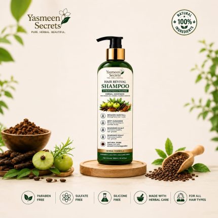 Yasmeen's Secrets Hair Revival Shampoo bottle with natural ingredients like Amla and Reetha.