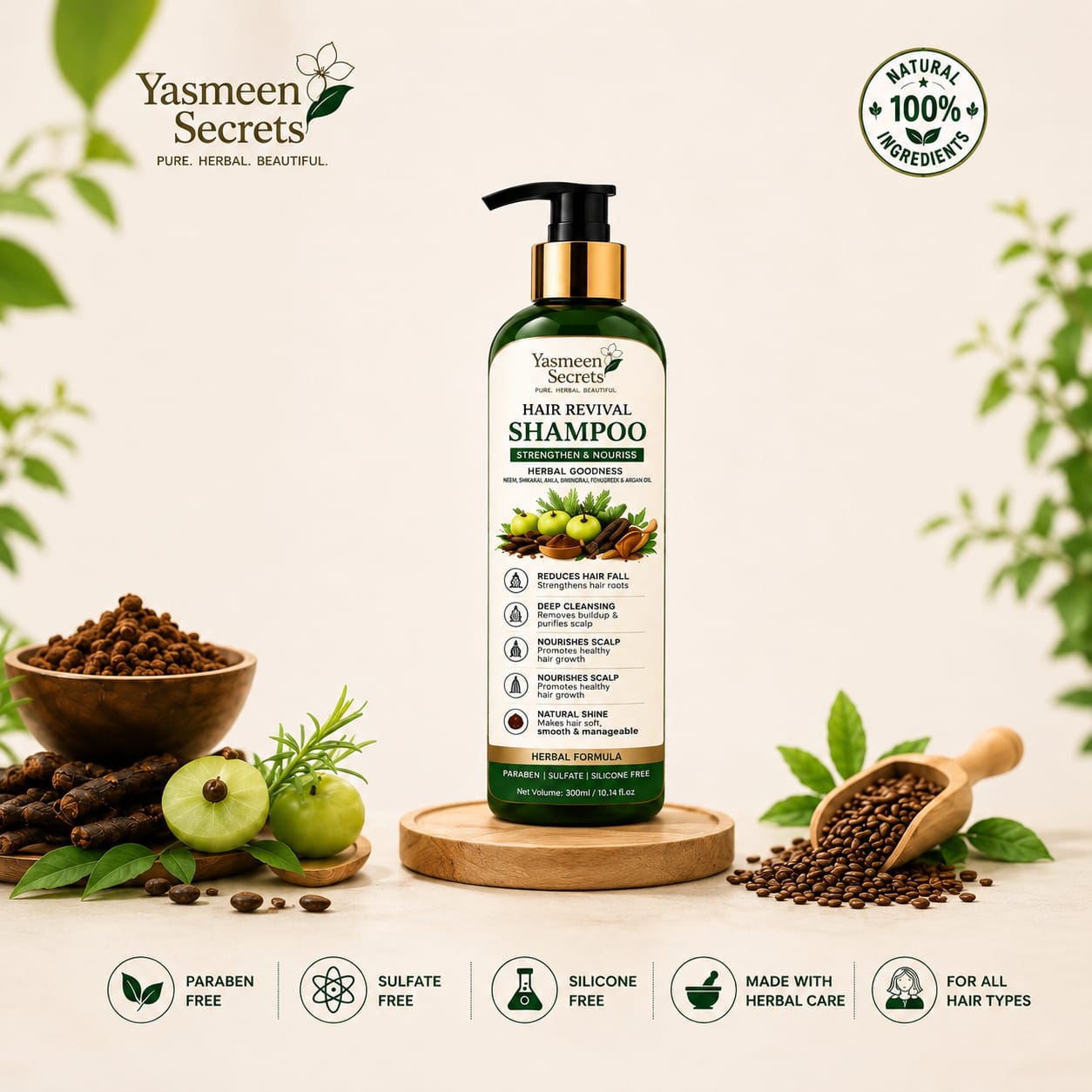 Hair Revival Shampoo - Yasmeen's Secrets Yasmeen's Secrets Hair Revival Shampoo bottle with natural ingredients like Amla and Reetha.